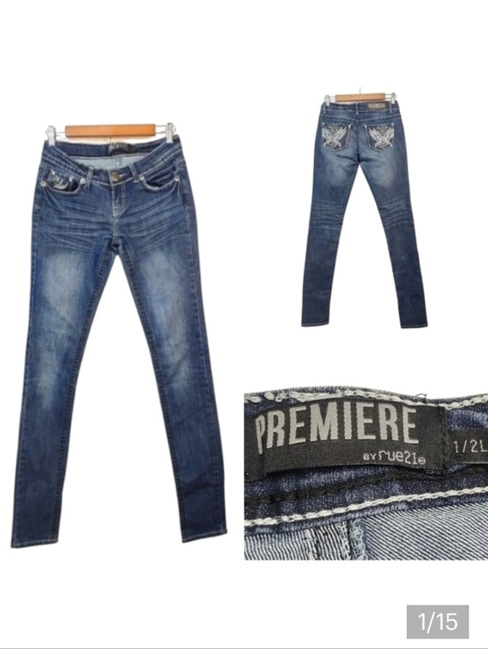 Premier Rue 21 Juniors Girls Blue Denim Bead Embellished Skinny Jeans Sz 1/2L